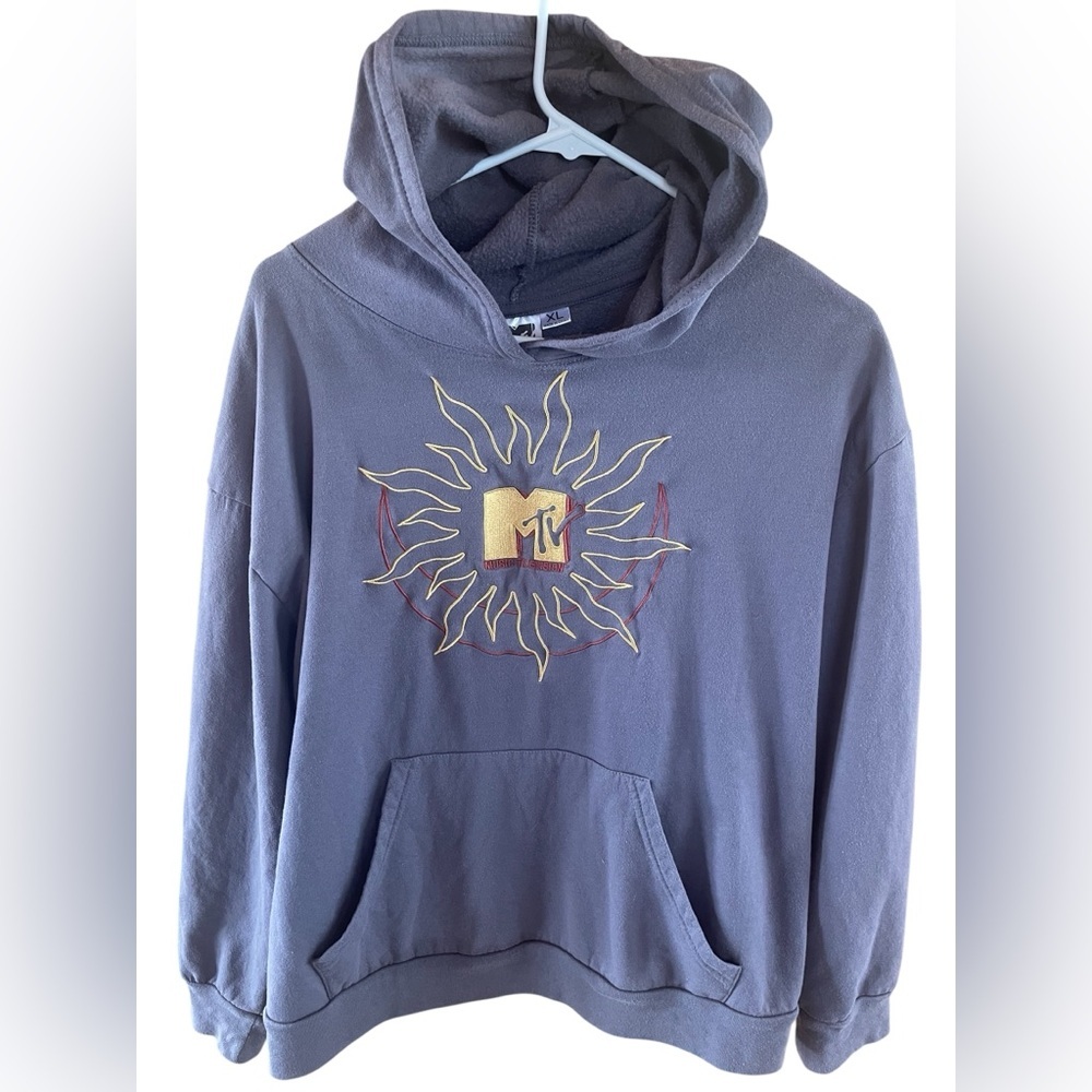 Vintage MTV Sun Logo Gray Pullover Hoodie Sweatshirt XL Fleece Lined Unisex